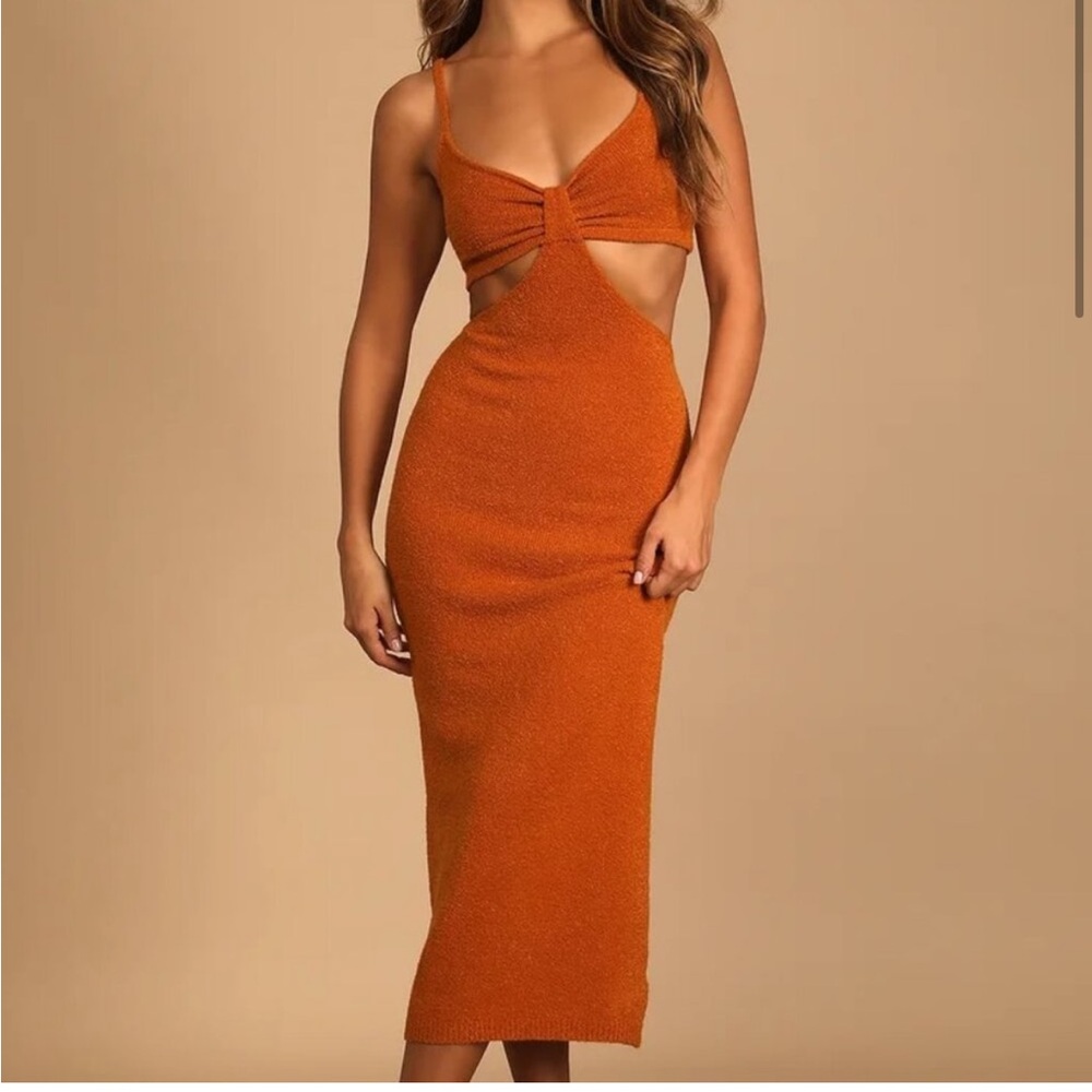Lulus "The Way I Feel" Cutout Midi Sweater Dress in Rust Orange